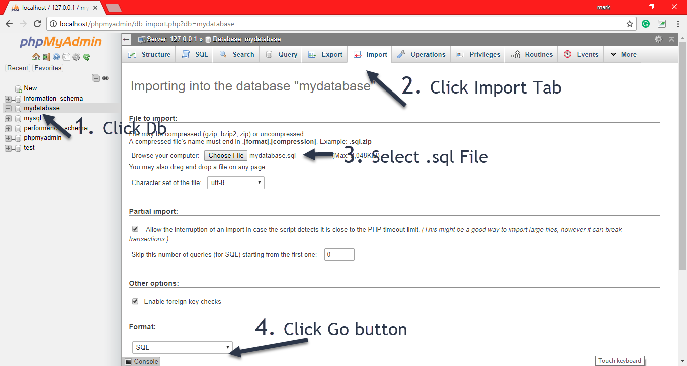 importing the sql file