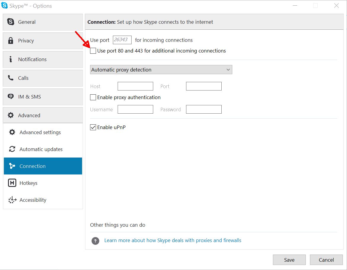 Skype Uncheck Use port 80