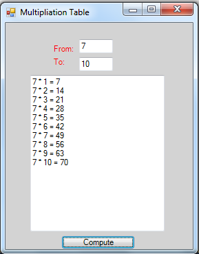 Multiplication Table in C# | Free source code, tutorials and articles