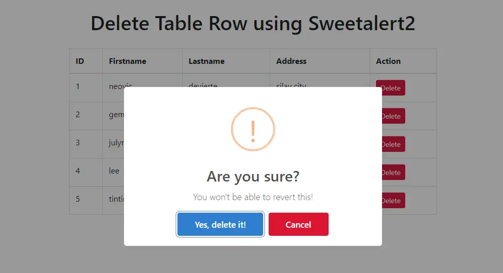How to Delete Table Row with Ajax, Sweetalert2 and PHP/MySQLi | Free Source  Code, Projects & Tutorials