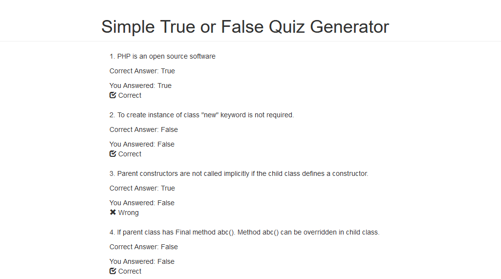 True or false Quiz.